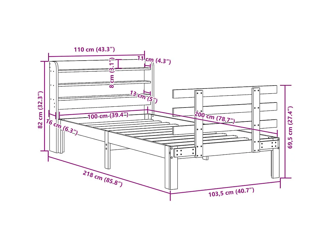 Letto per adulti | Letto singolo | Giroletto con Testiera 100x200 cm Legno Massello di Pino