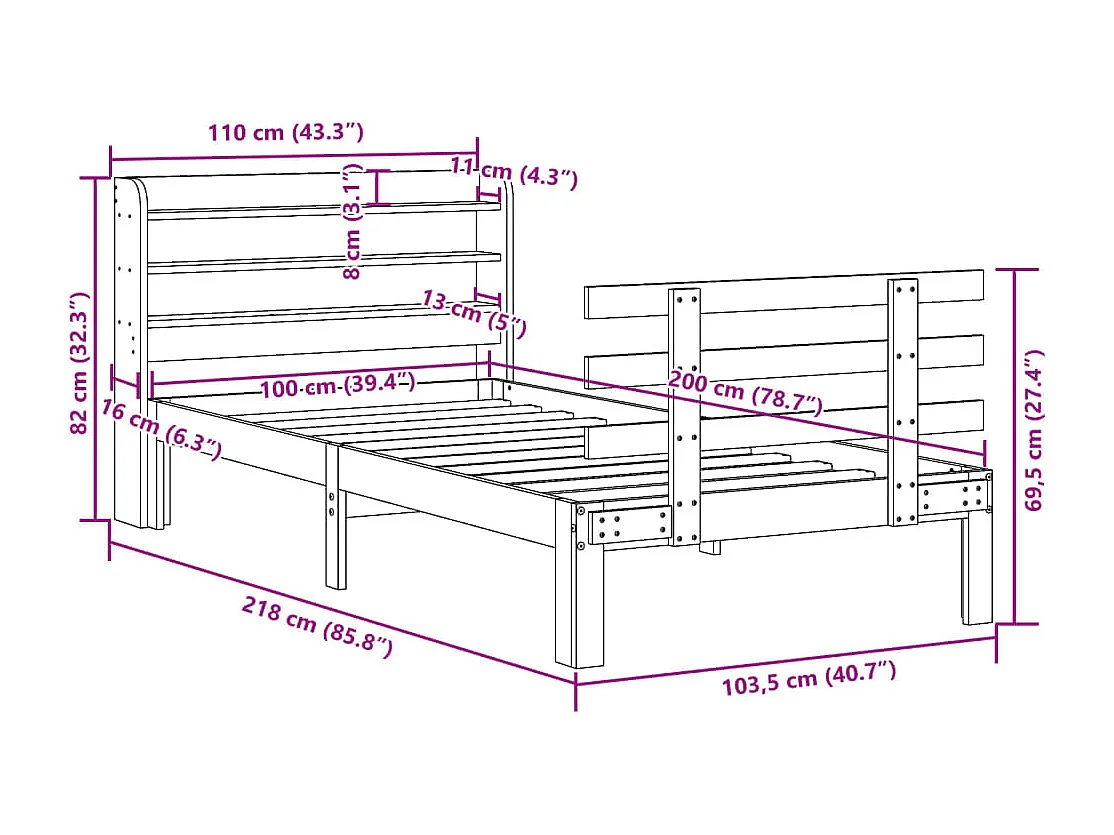 Lit simple | Lit adulte, enfant | Cadre de lit avec tête de lit 100x200 cm