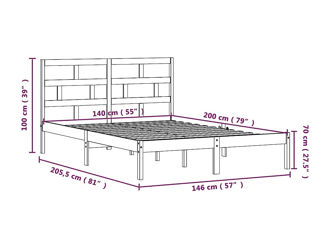 Lit double | Lit adulte | Cadre de lit bois massif 140x200 cm