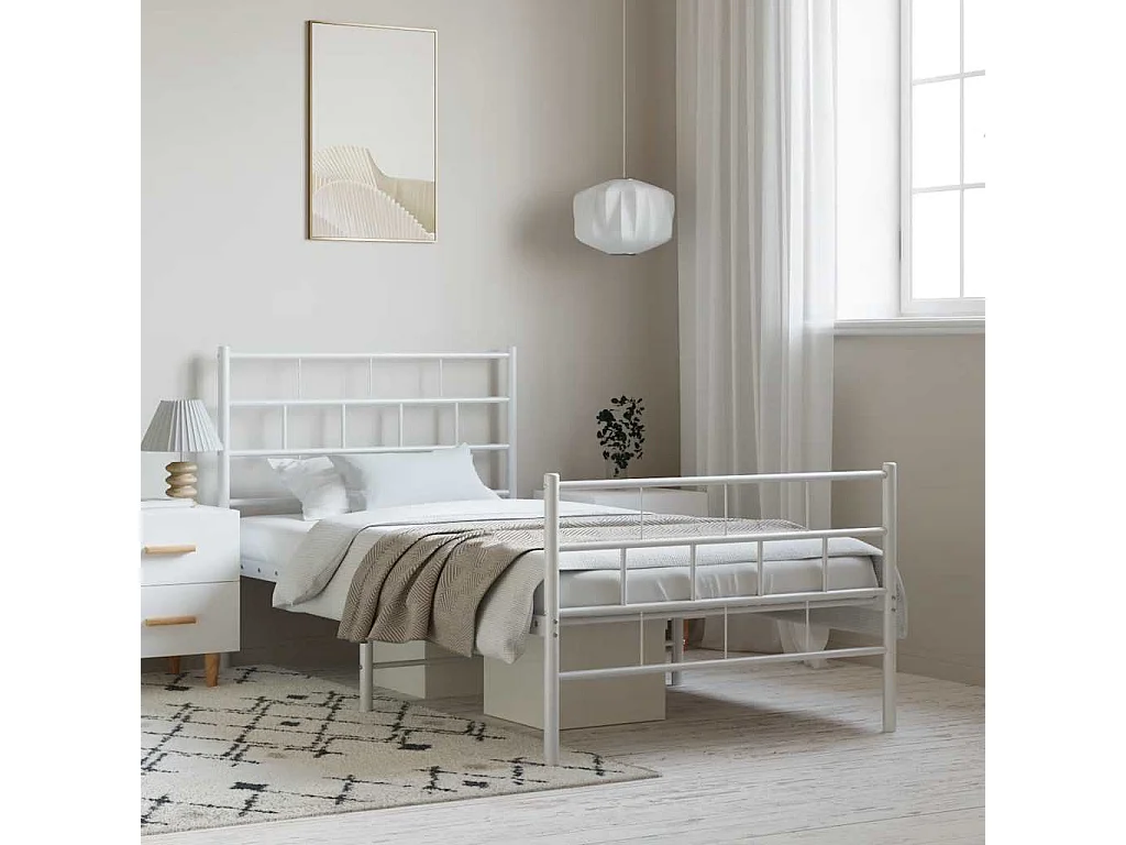 Lit simple | Lit adulte, enfant | Cadre de lit métal et pied de lit blanc 100x200 cm