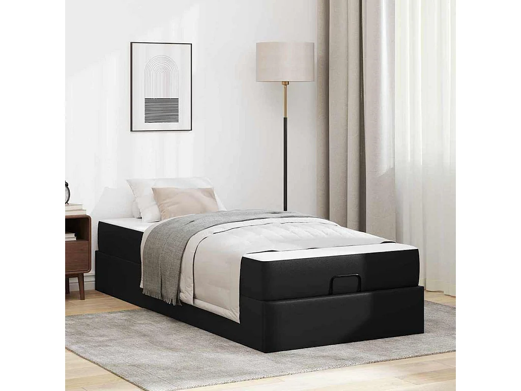 Lit simple | Lit adulte, enfant | Cadre de lit avec matelas Noir 90x200 cm Faux cuir