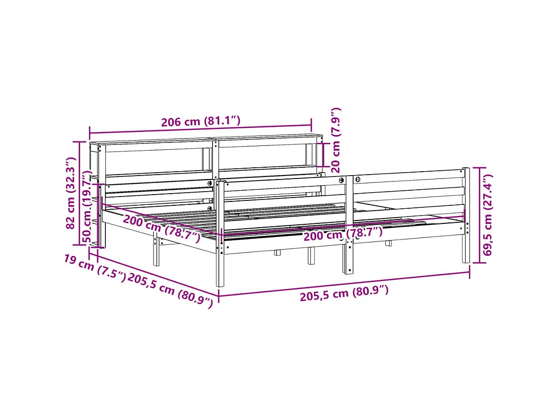 Letto per adulti | Letto matrimoniale | Giroletto con Testiera 200x200 cm in Legno Massello di Pino