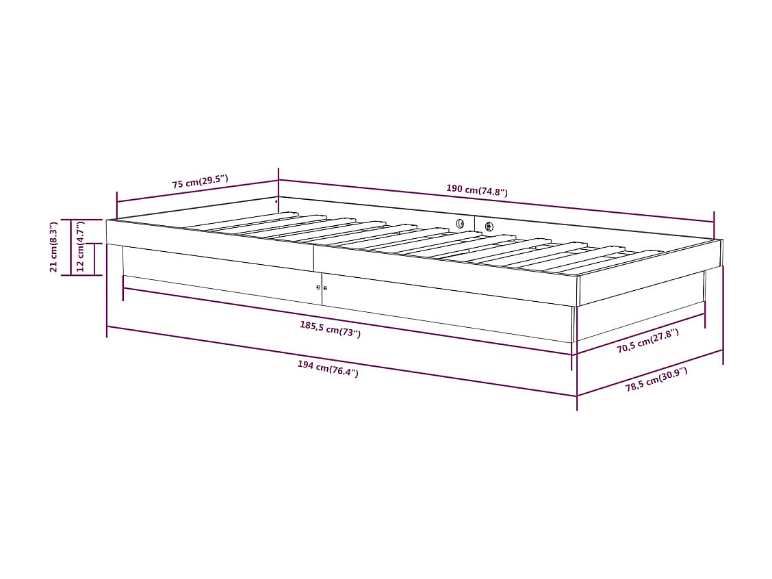 Lit simple | Lit adulte, enfant | Cadre de lit bois massif 75x190 cm