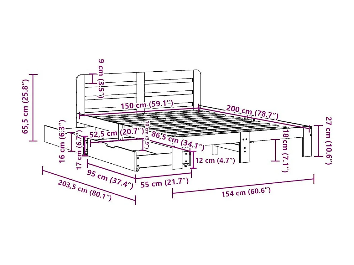 Lit double | Lit adulte | Cadre de lit blanc 150x200 cm bois de pin massif