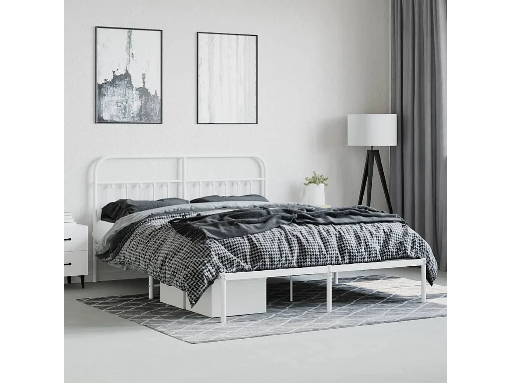 Lit double | Lit adulte | Cadre de lit métal et tête de lit blanc 160x200 cm