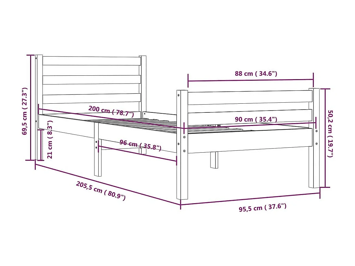 Lit simple | Lit adulte, enfant | Cadre de lit bois massif 90x200 cm