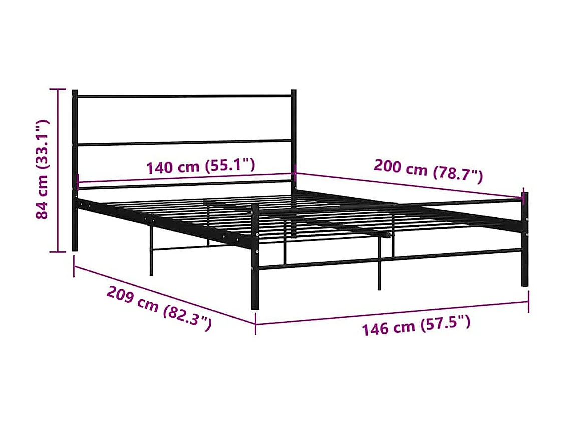 Lit double | Lit adulte | Cadre de lit avec tête de lit noir 140x200cm métal