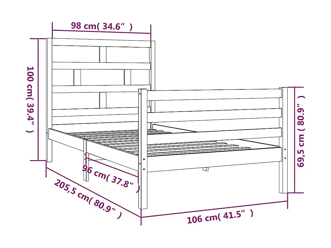 Lit simple | Lit adulte, enfant | Cadre de lit bois massif 100x200 cm