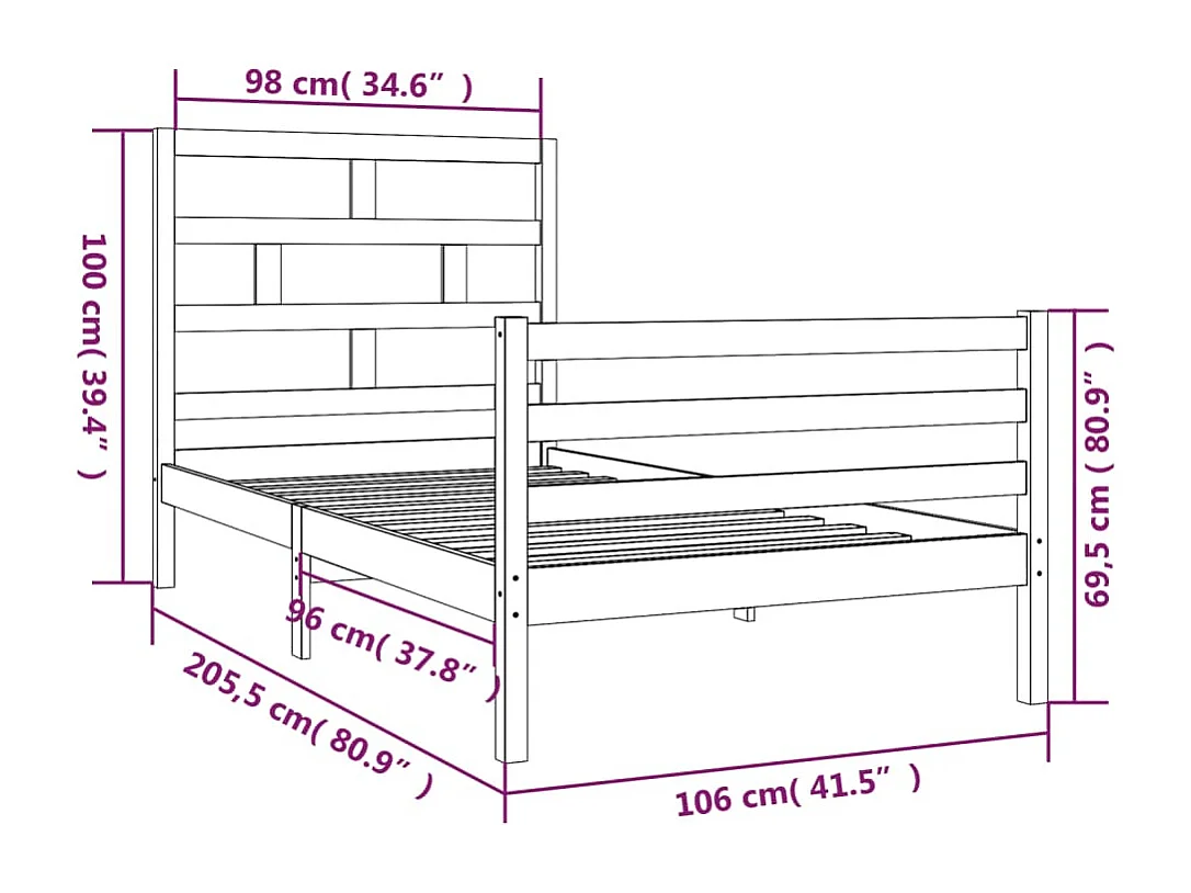 Lit simple | Lit adulte, enfant | Cadre de lit bois massif 100x200 cm