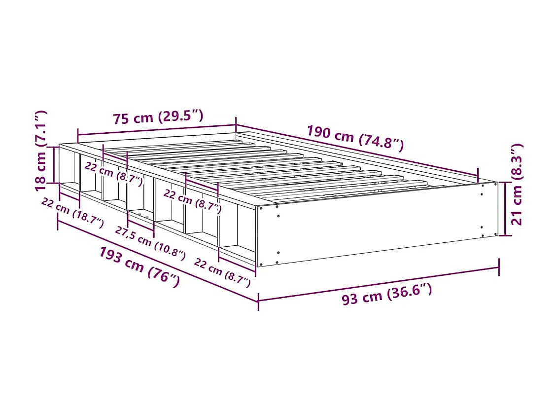 Lit simple | Lit adulte, enfant | Cadre de lit 75x190 cm bois massif de chêne
