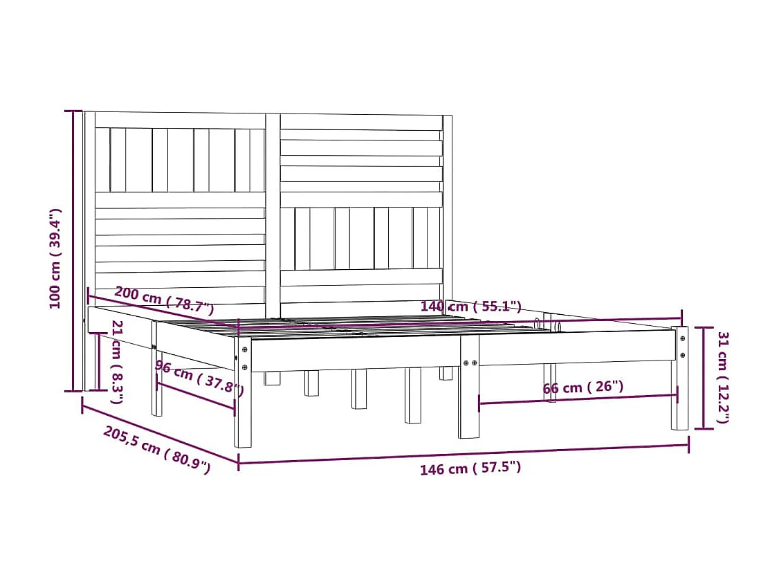 Lit double | Lit adulte | Cadre de lit bois massif de pin 140x200 cm