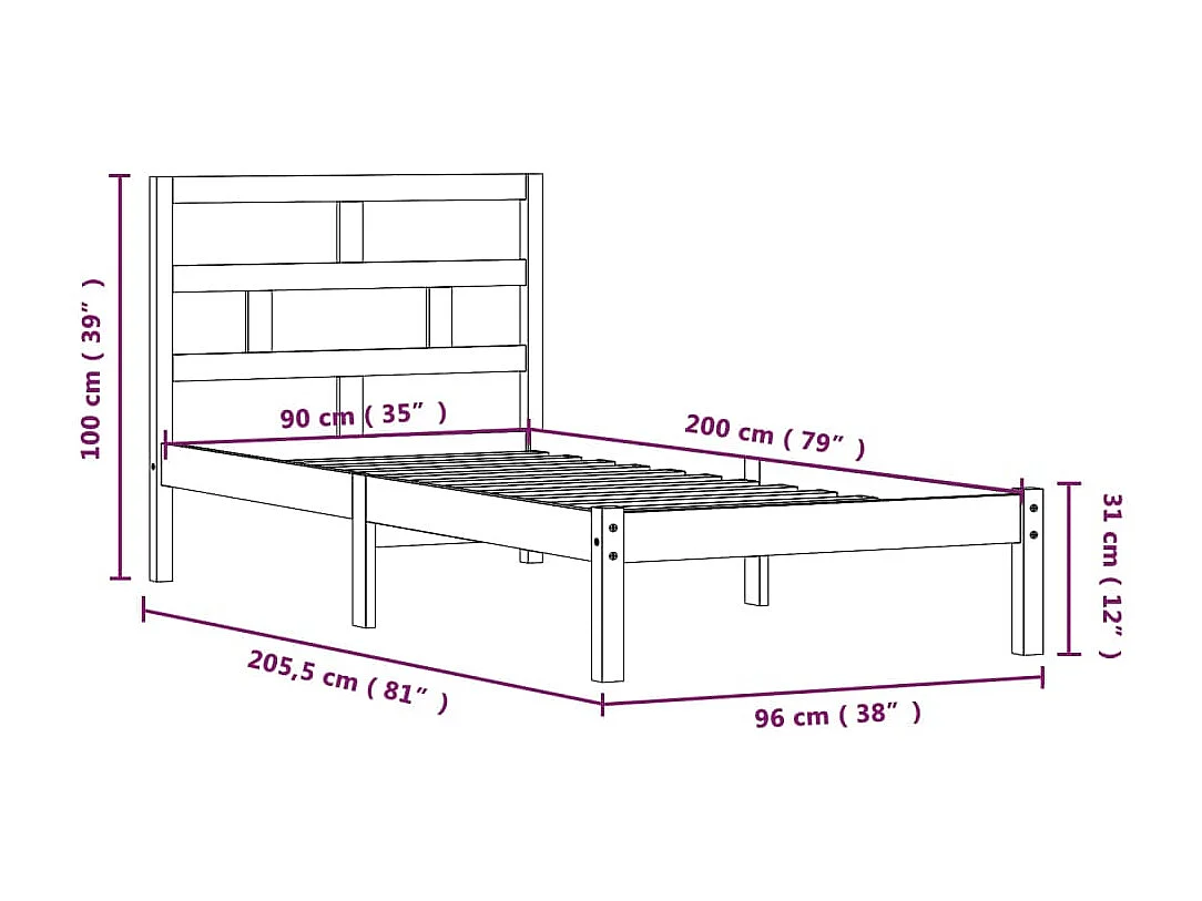 Lit simple | Lit adulte, enfant | Cadre de lit bois massif 90x200 cm