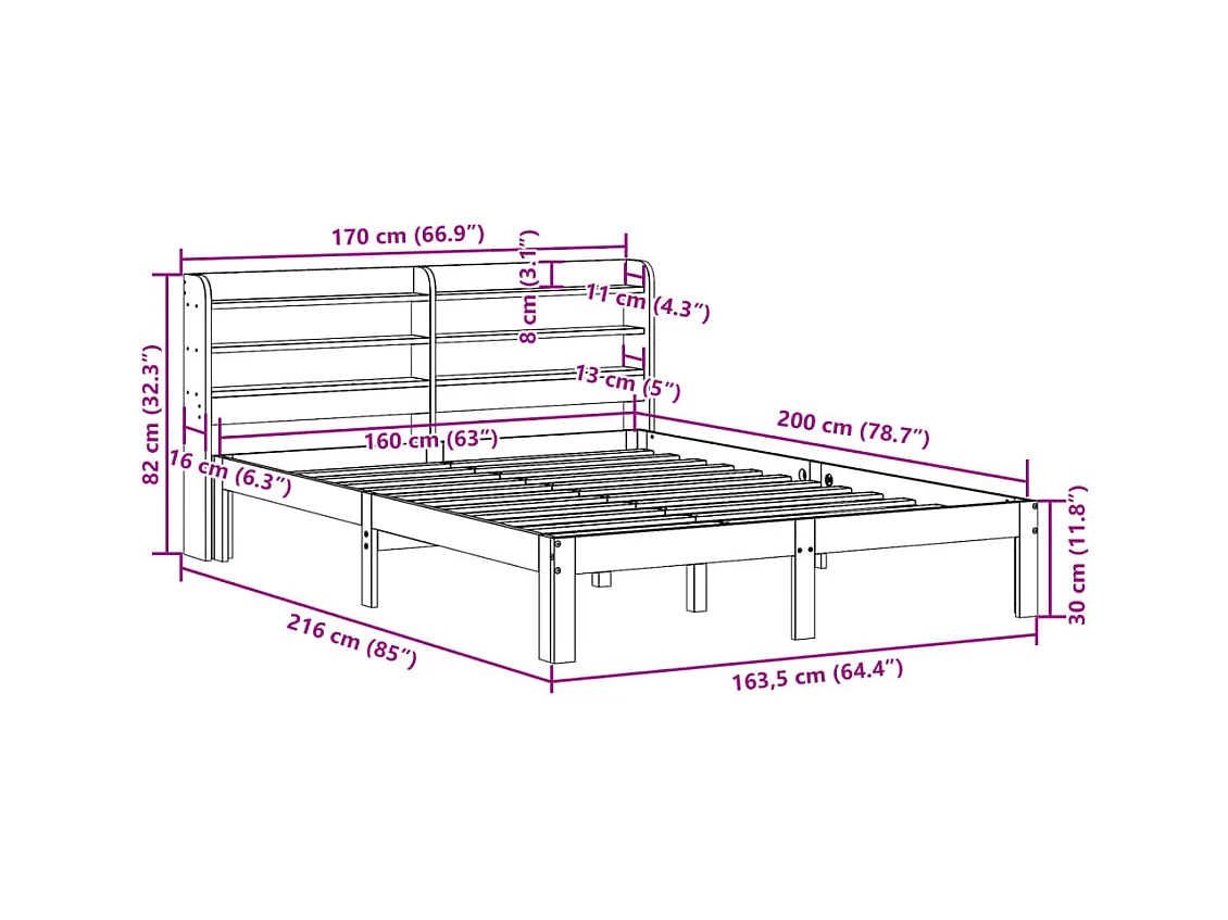 Letto per adulti | Letto matrimoniale | Giroletto con Testiera 160x200 cm in Legno Massello di Pino