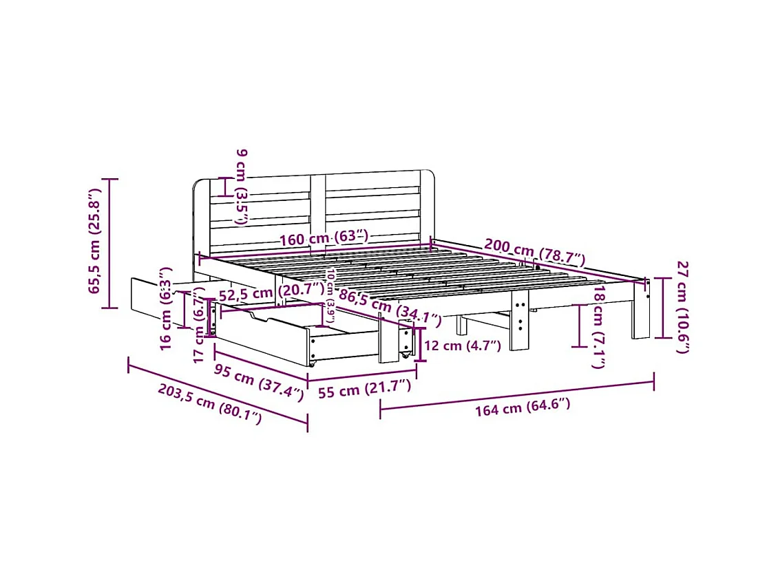 Letto per adulti | Letto matrimoniale | Giroletto senza Materasso Bianco 160x200 cm Legno Massello Pino