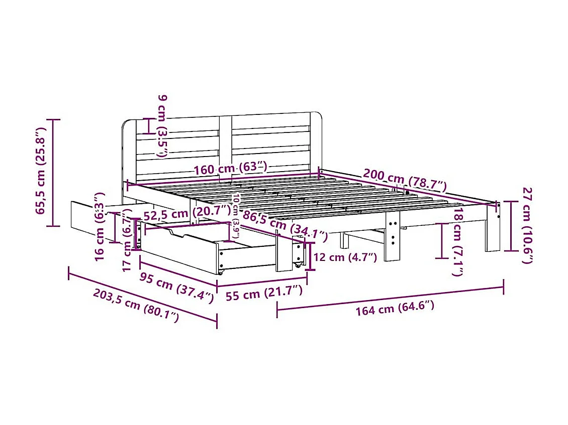 Lit double | Lit adulte | Cadre de lit blanc 160x200 cm bois de pin massif