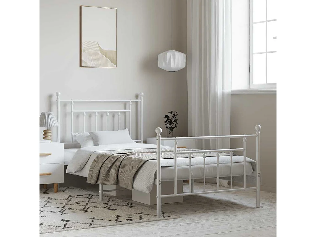 Lit simple | Lit adulte, enfant | Cadre de lit métal et pied de lit blanc 100x190 cm