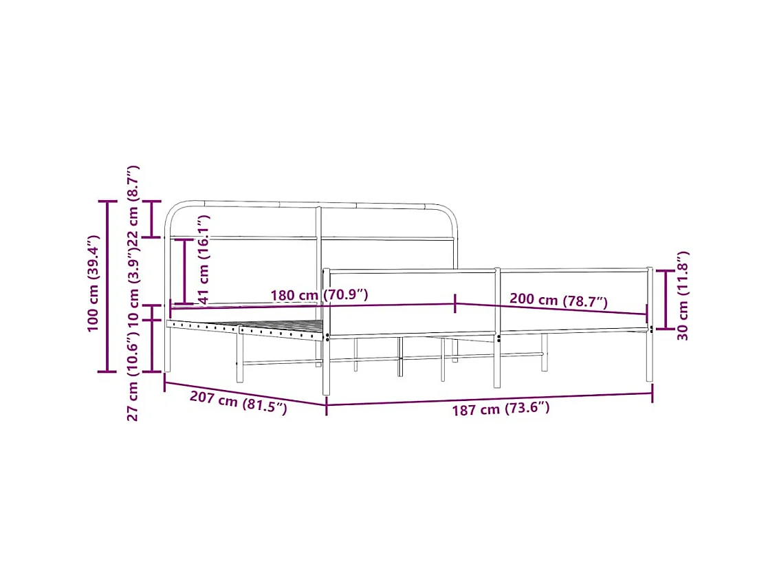 Letto per adulti | Letto matrimoniale | Giroletto senza Materaso in Metallo Rovere Fumo 180x200 cm
