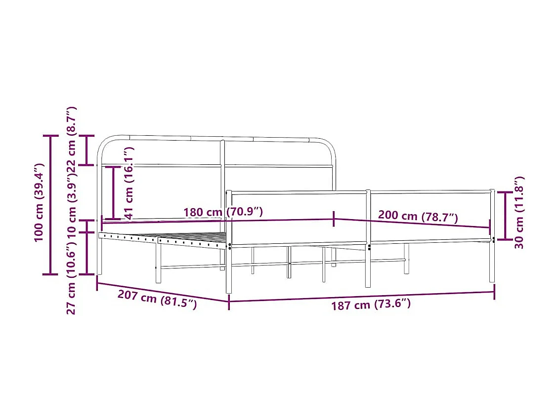 Letto per adulti | Letto matrimoniale | Giroletto senza Materaso in Metallo Rovere Fumo 180x200 cm