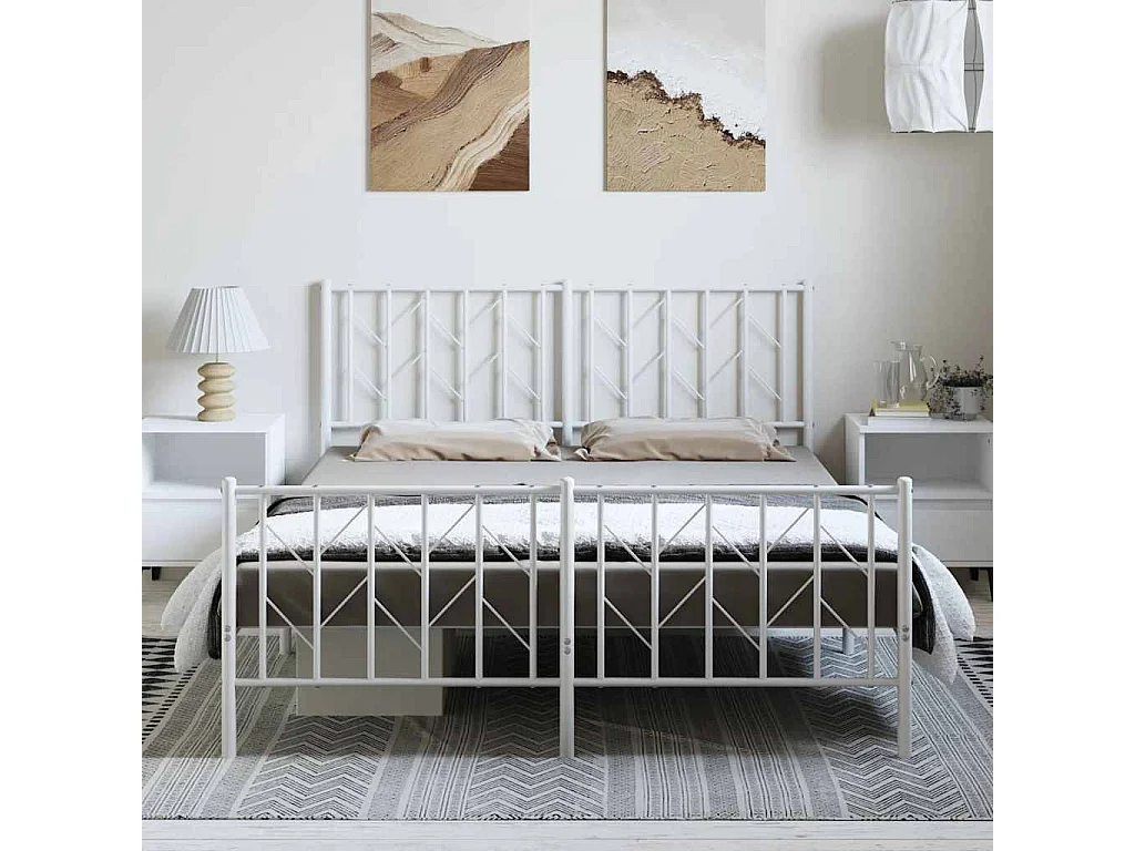 Lit double | Lit adulte | Cadre de lit métal et pied de lit blanc 193x203 cm
