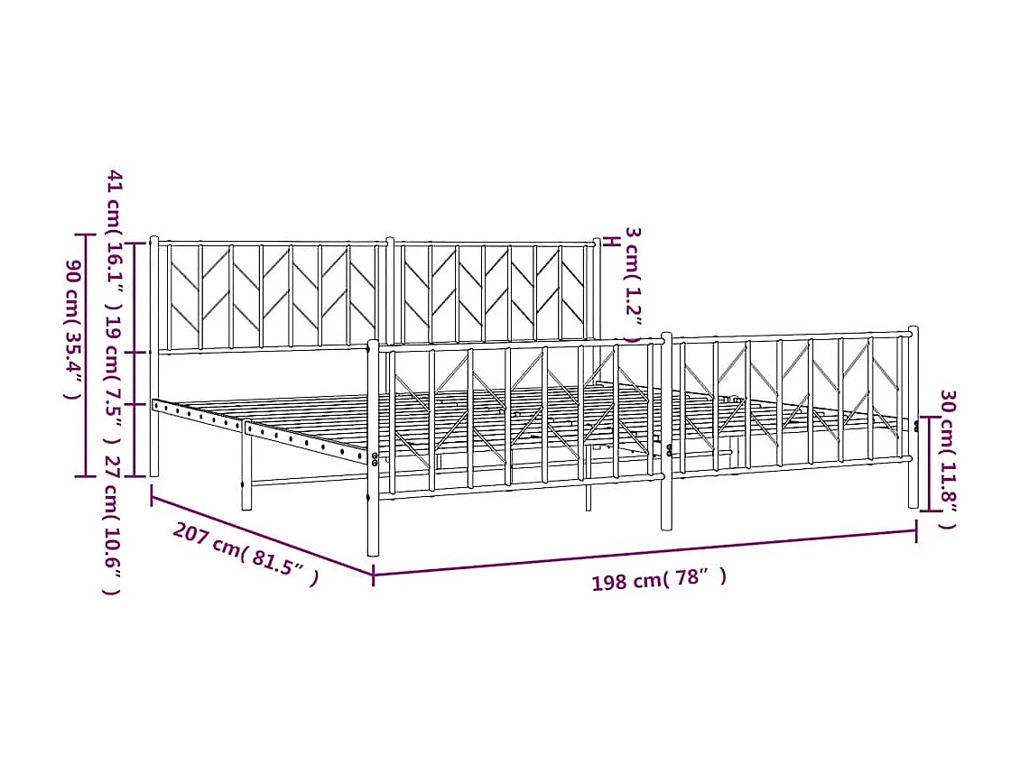 Lit double | Lit adulte | Cadre de lit métal et pied de lit blanc 193x203 cm