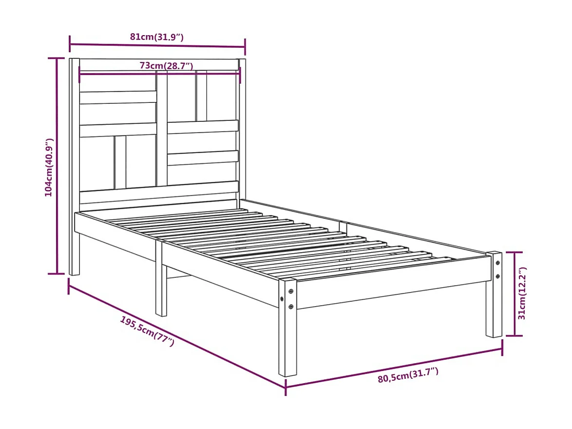 Lit simple | Lit adulte, enfant | Cadre de lit blanc bois massif 75x190 cm