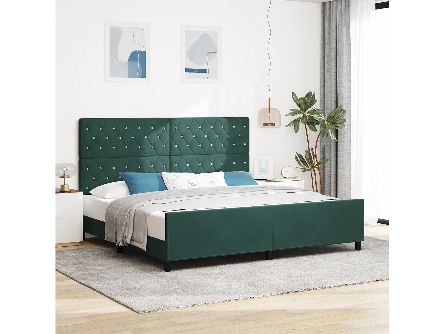 Lit double | Lit adulte | Cadre de lit avec tête de lit Vert foncé 200x200 cm Velours