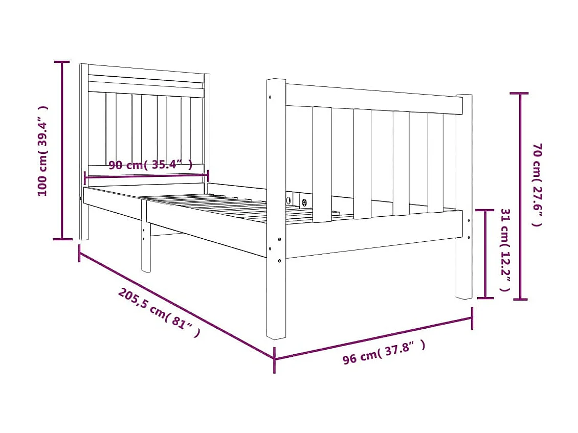 Lit simple | Lit adulte, enfant | Cadre de lit blanc bois massif 90x200 cm