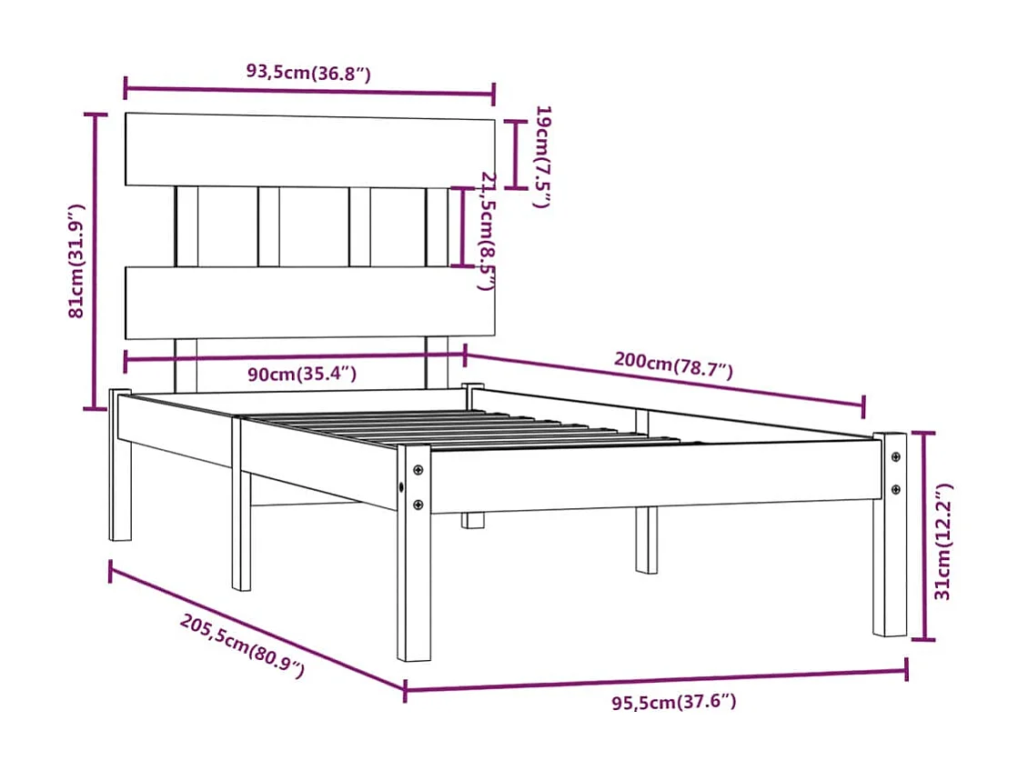 Lit simple | Lit adulte, enfant | Cadre de lit 90x200 cm bois massif