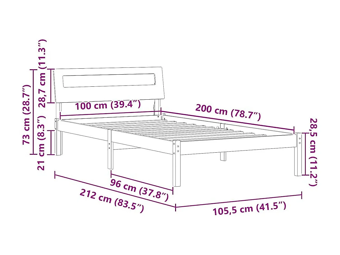 Lit simple | Lit adulte, enfant | Cadre de lit Blanc 100x200 cm Bois massif en pin