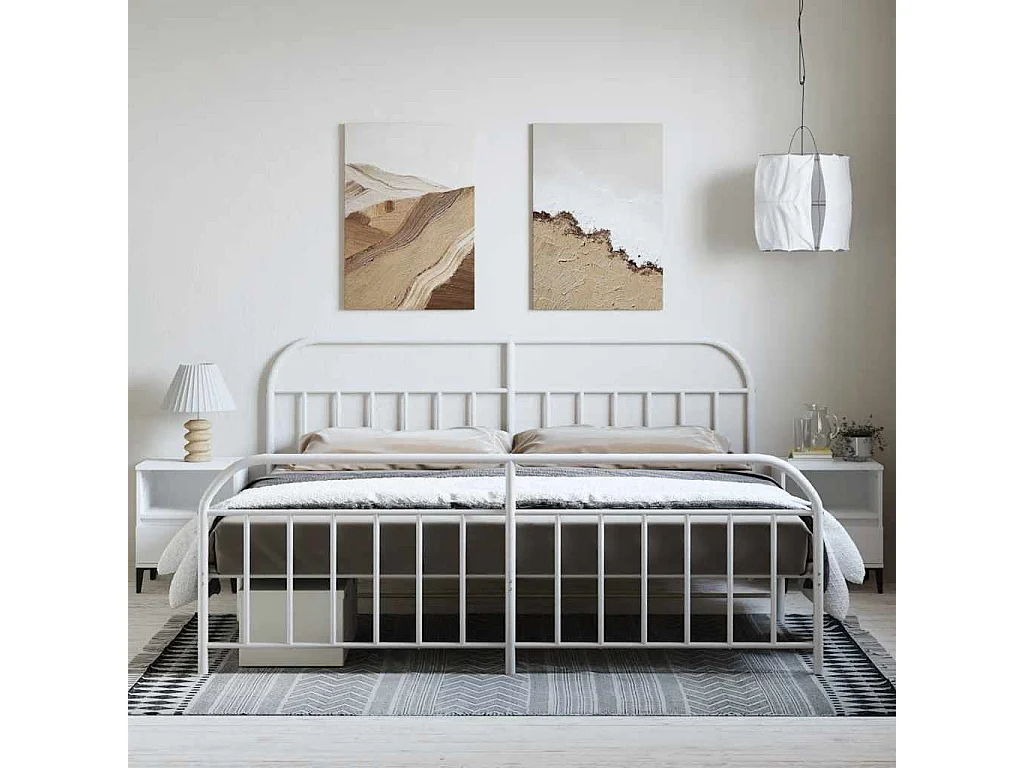 Lit double | Lit adulte | Cadre de lit métal et pied de lit blanc 193x203 cm