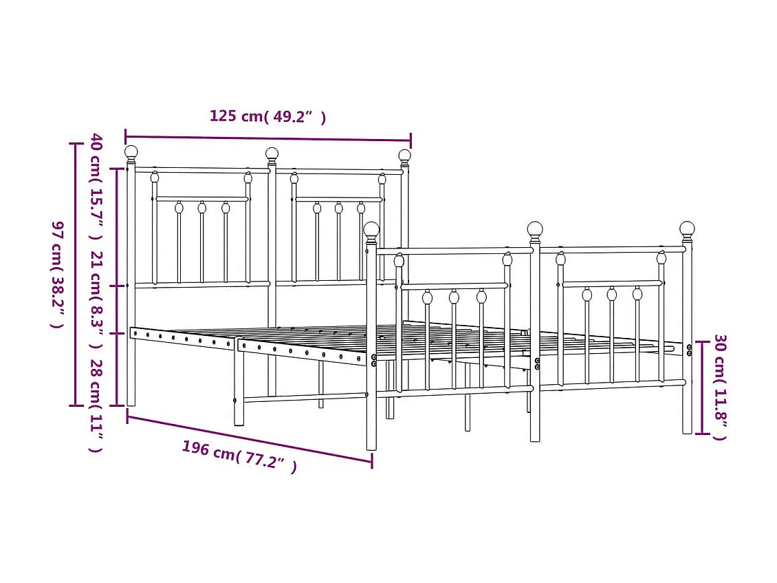 Lit simple | Lit adulte, enfant | Cadre de lit métal et pied de lit blanc 120x190 cm