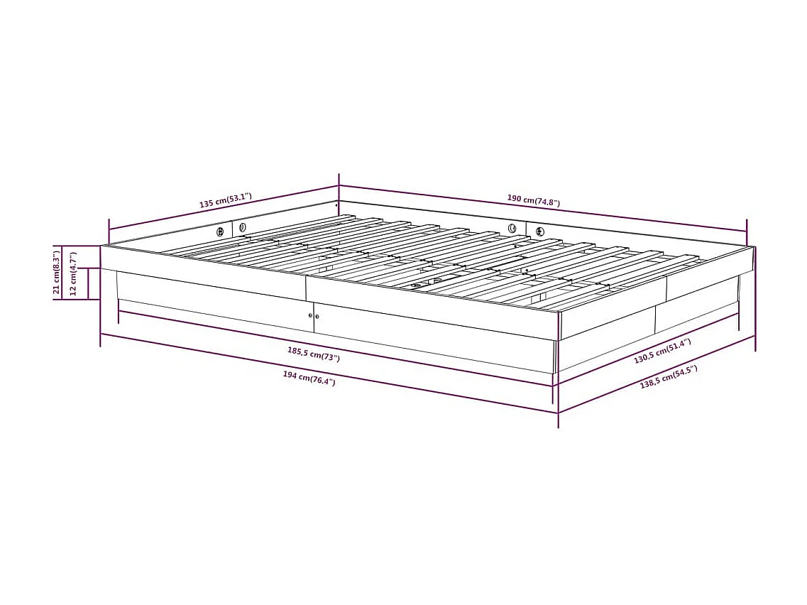 Lit double | Lit adulte | Cadre de lit noir bois massif 135x190 cm