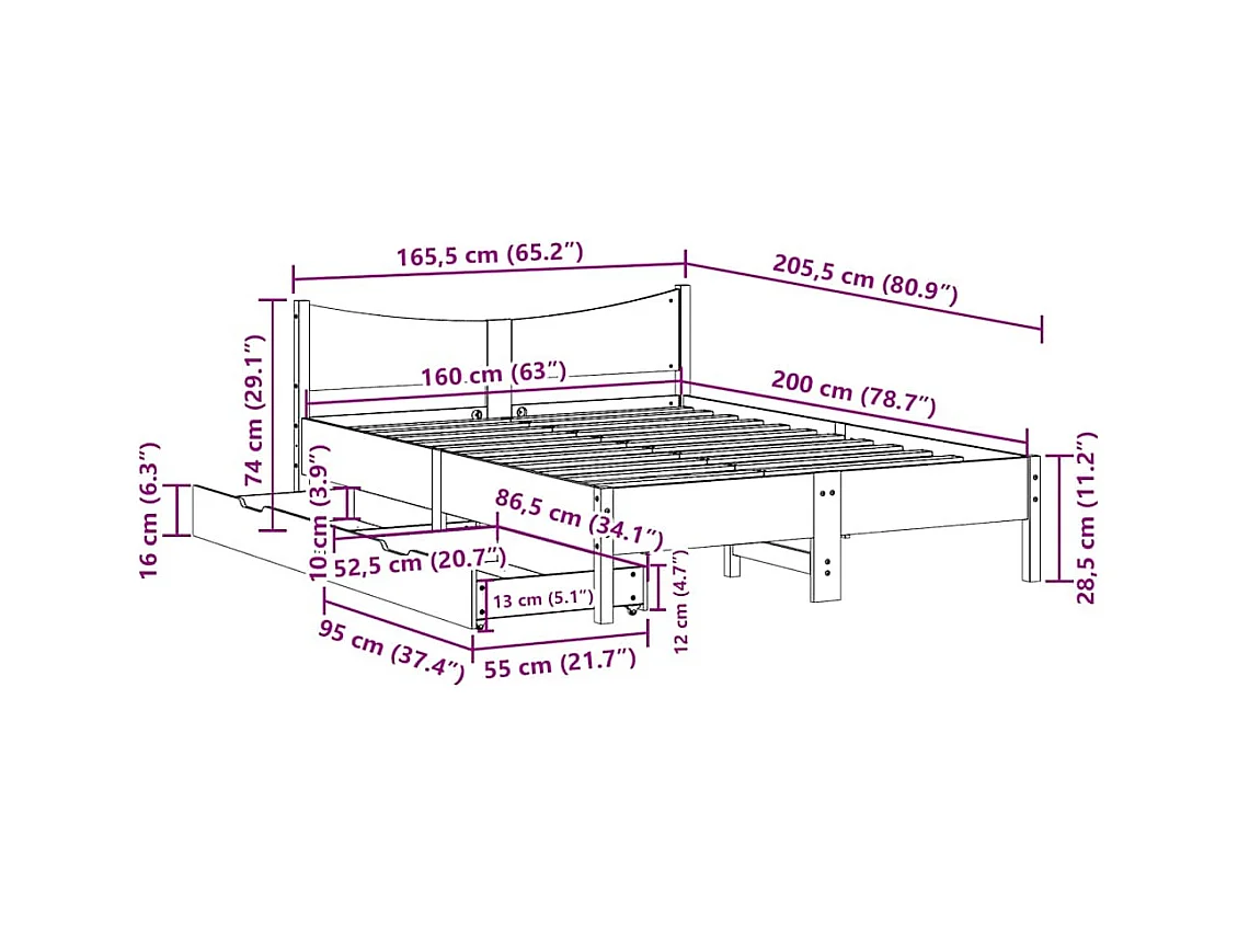 Letto per adulti | Letto matrimoniale | Giroletto con Cassetti Bianco 160x200 cm Legno Massello di Pino