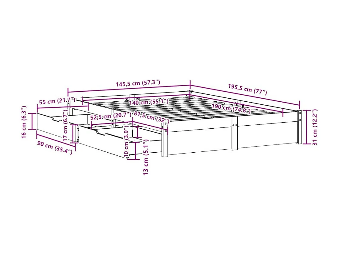 Lit double | Lit adulte | Cadre de lit 140x190 cm bois de pin massif