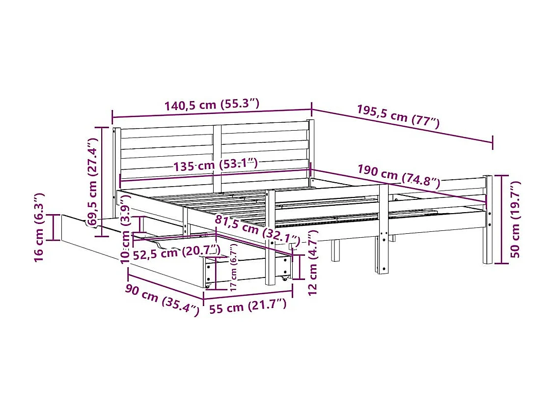 Lit double | Lit adulte | Cadre de lit 135x190 cm bois de pin massif