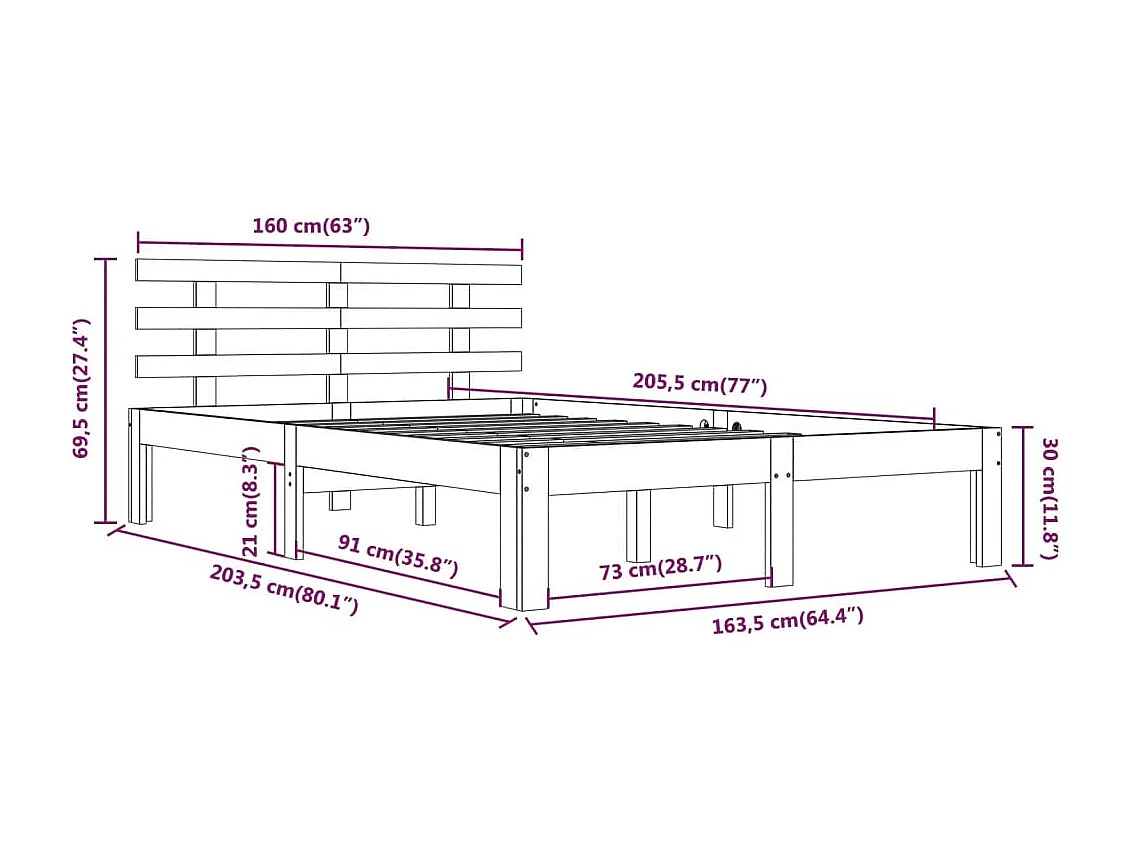 Lit double | Lit adulte | Cadre de lit blanc bois massif 160x200 cm
