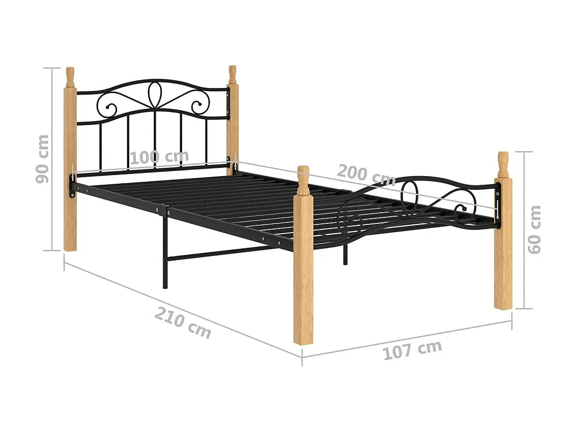 Lit simple | Lit adulte, enfant | Cadre de lit noir métal bois chêne 100x200 cm