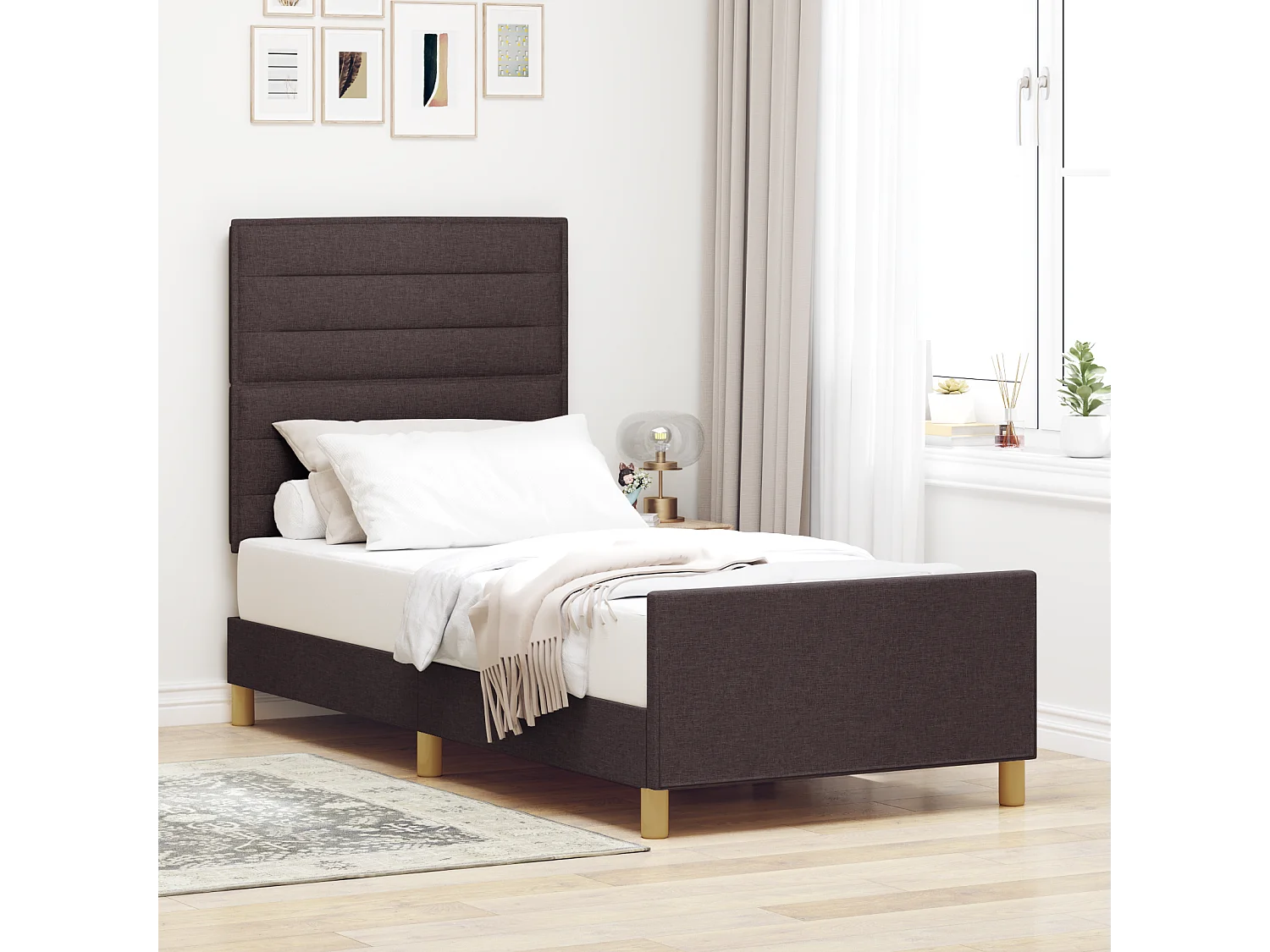 Lit simple | Lit adulte, enfant | Cadre de lit avec tête de lit Marron foncé 90x190 cm tissu