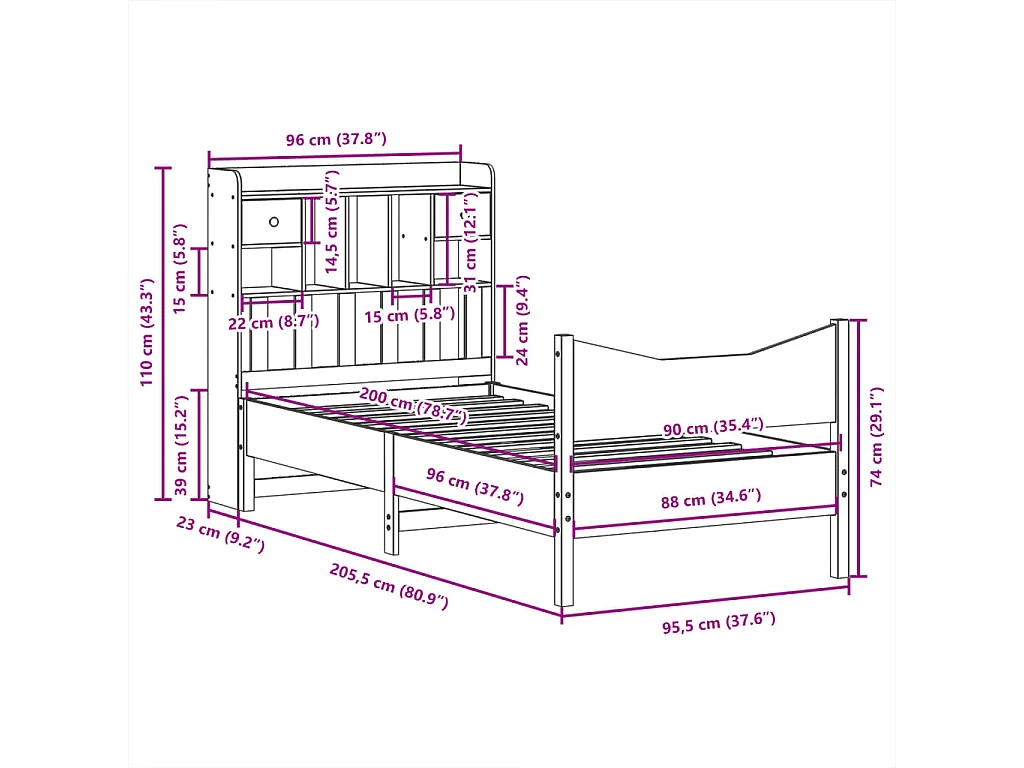 Letto per adulti | Letto singolo | Giroletto senza Materasso 90x200 cm in Legno Massello di Pino