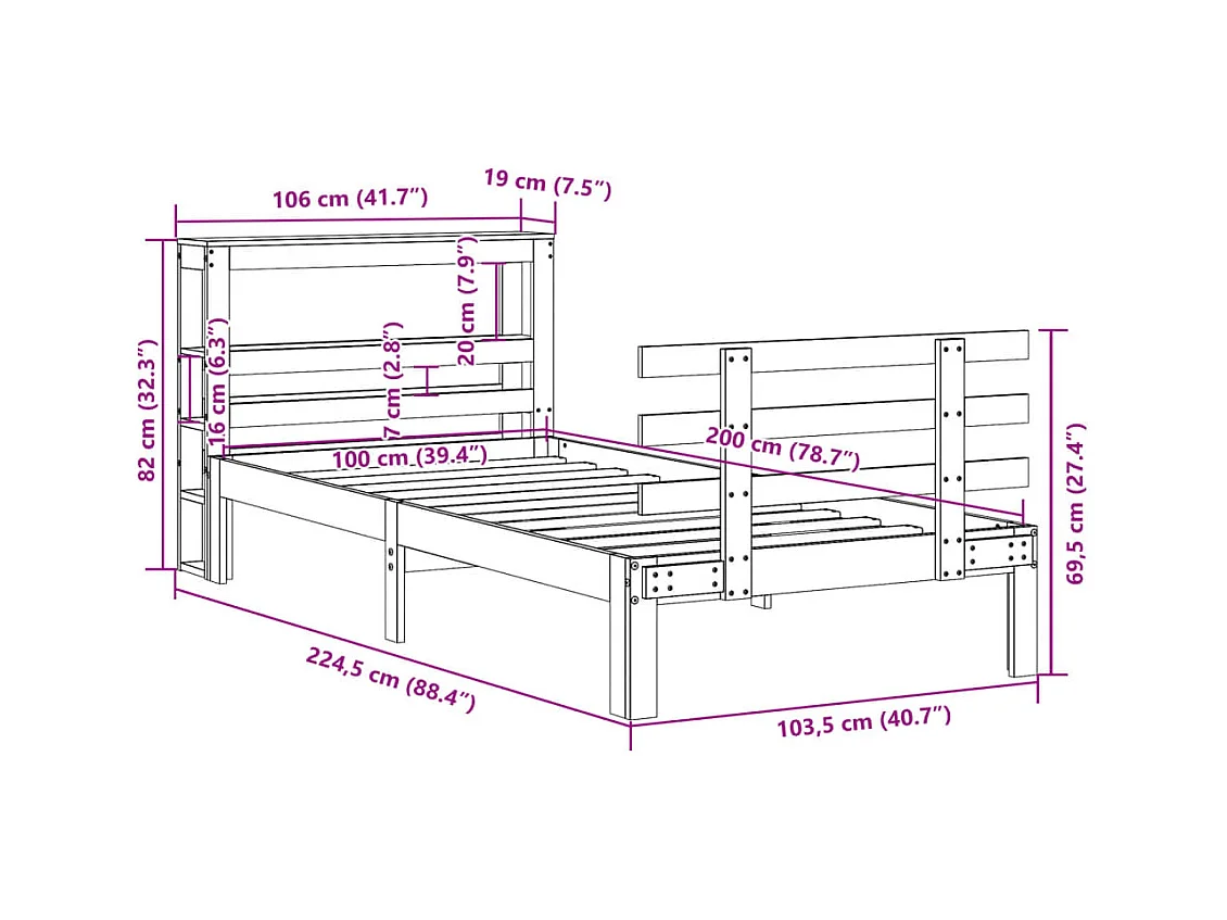 Letto per adulti | Letto singolo | Giroletto con Testiera Marrone Cera 100x200 cm Massello Pino