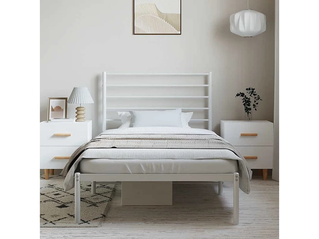 Lit simple | Lit adulte, enfant | Cadre de lit métal et tête de lit blanc 100x200 cm