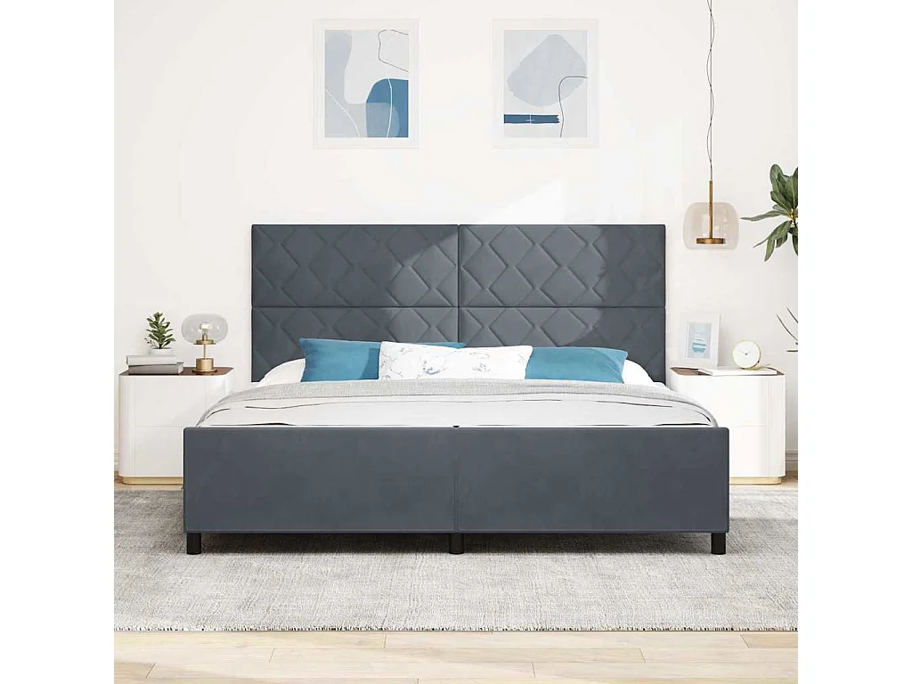 Lit double | Lit adulte | Cadre de lit avec tête de lit Gris foncé 200x200 cm Velours
