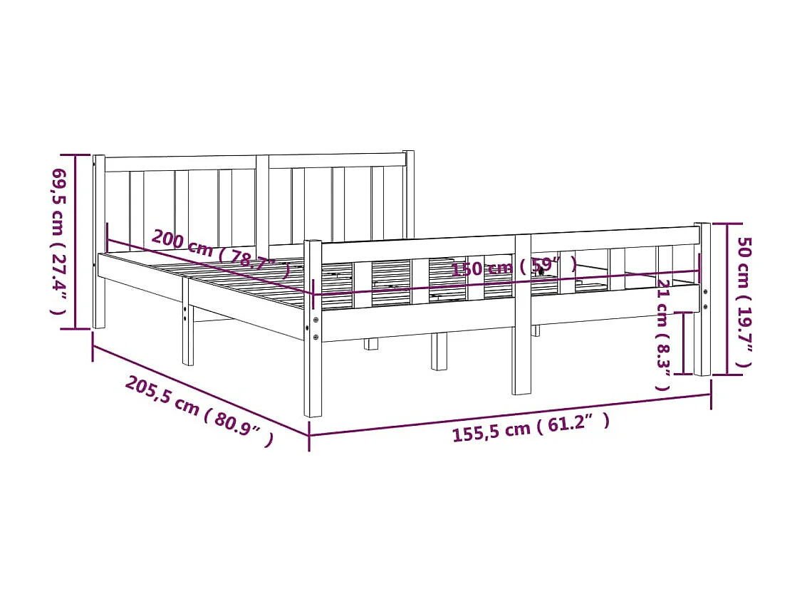 Lit double | Lit adulte | Cadre de lit blanc bois de pin massif 150x200 cm