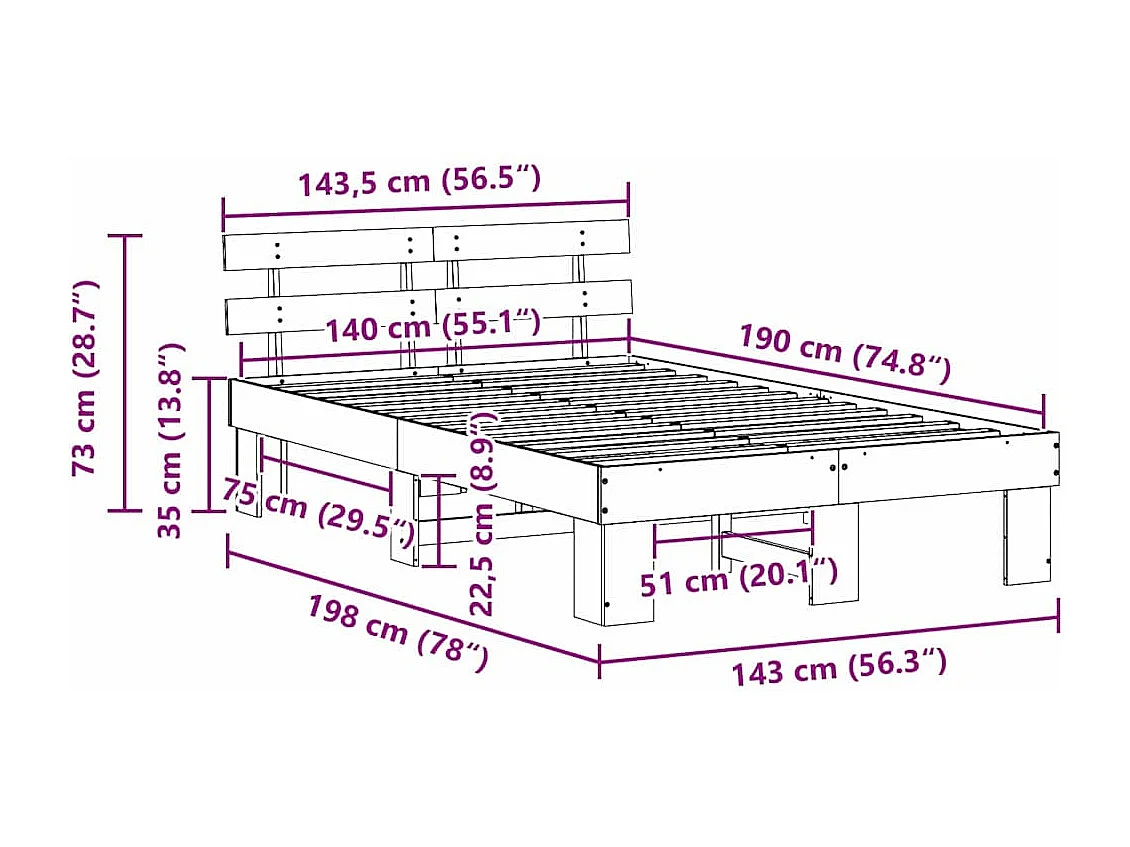 Lit double | Lit adulte | Cadre de lit Blanc 140x190 cm Bois de pin massif