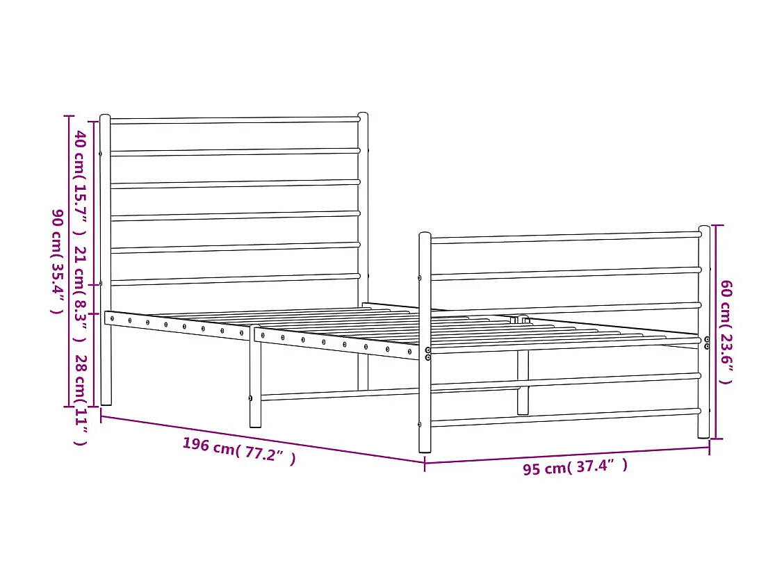 Lit simple | Lit adulte, enfant | Cadre de lit métal avec pied de lit noir 90x190 cm