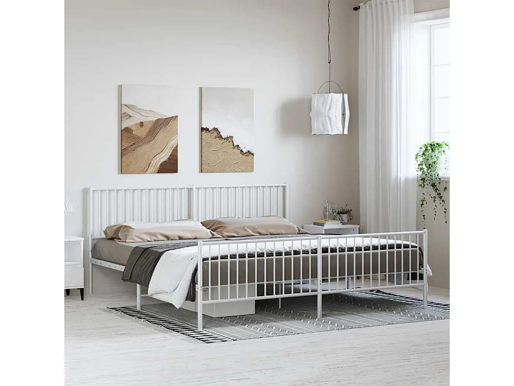 Lit double | Lit adulte | Cadre de lit métal et pied de lit blanc 193x203 cm