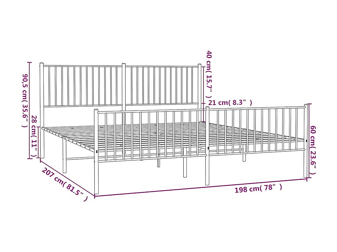 Lit double | Lit adulte | Cadre de lit métal et pied de lit blanc 193x203 cm
