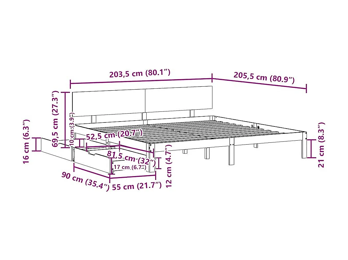 Lit double | Lit adulte | Cadre de lit avec tiroirs 200x200 cm