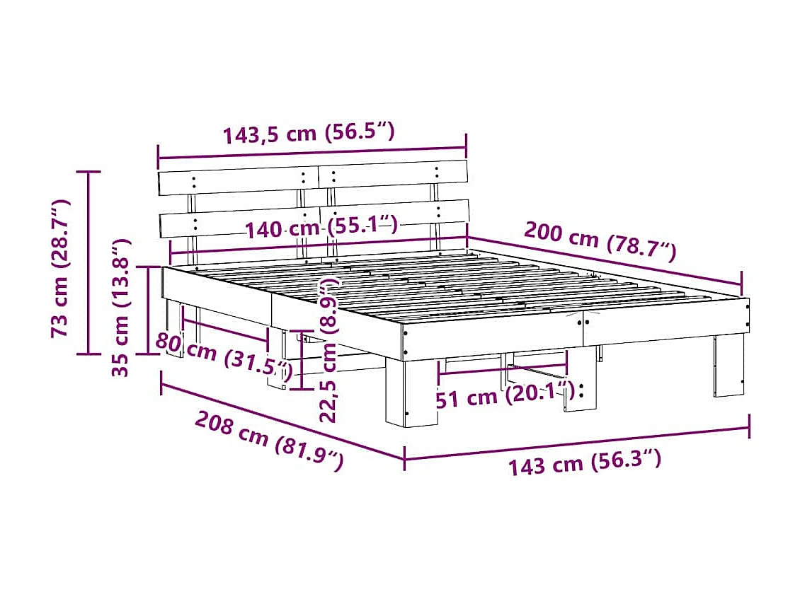 Lit double | Lit adulte | Cadre de lit Blanc 140x200 cm Bois de pin massif