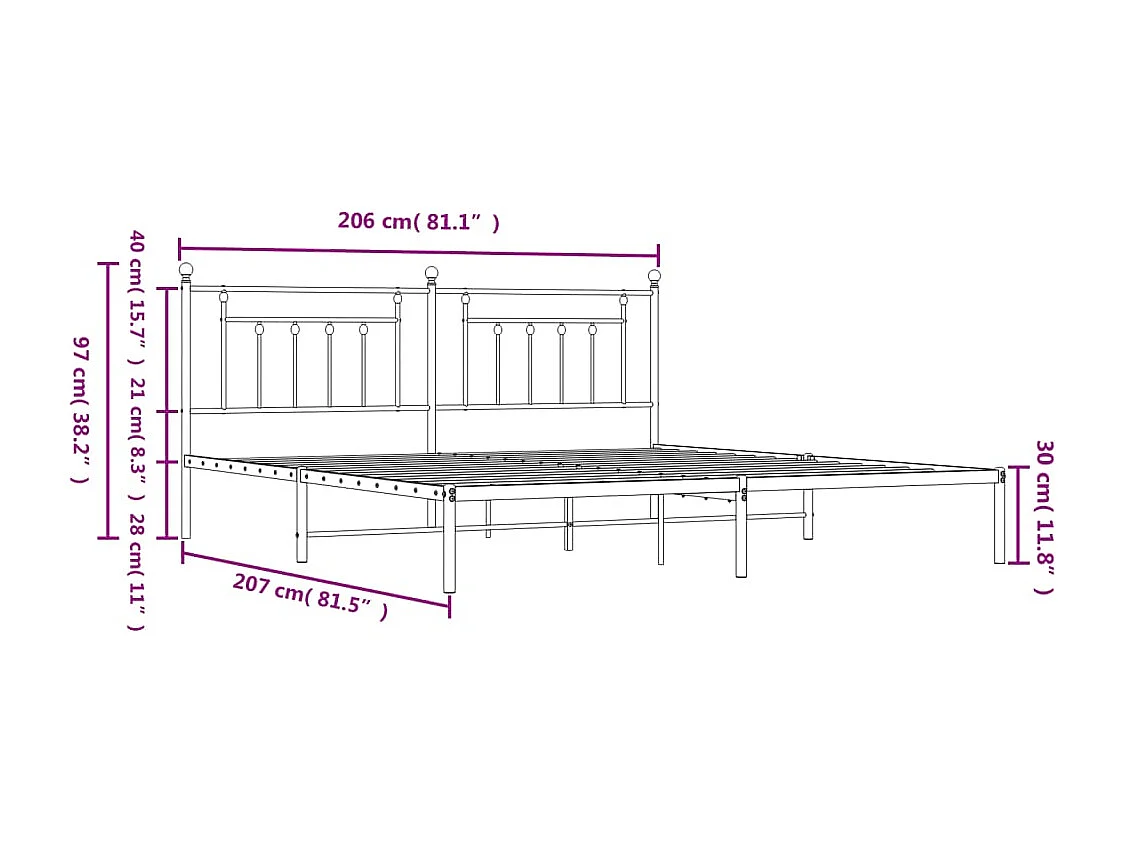Lit double | Lit adulte | Cadre de lit métal avec tête de lit noir 200x200cm